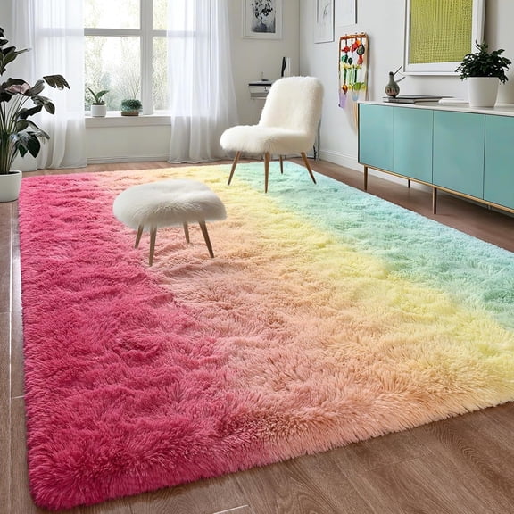 Junovo Gradient Modern Rugs Shaggy Rug Carpets for Bedroom, Living Room,Kids Room,5'x8',Green/Pink