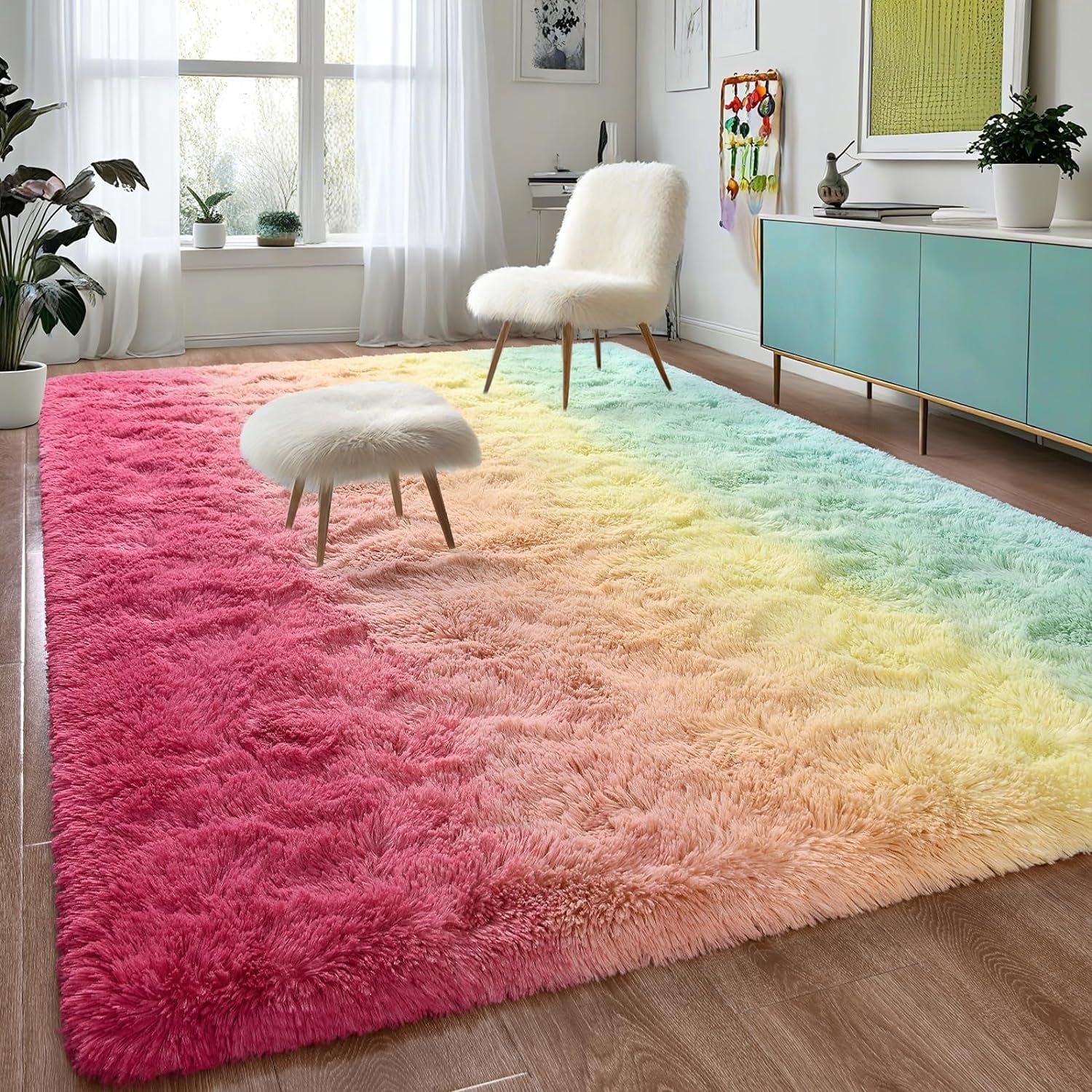 Junovo Gradient Modern Rugs Shaggy Rug Carpets for Bedroom, Living Room,Kids Room,5'x8',Green/Pink