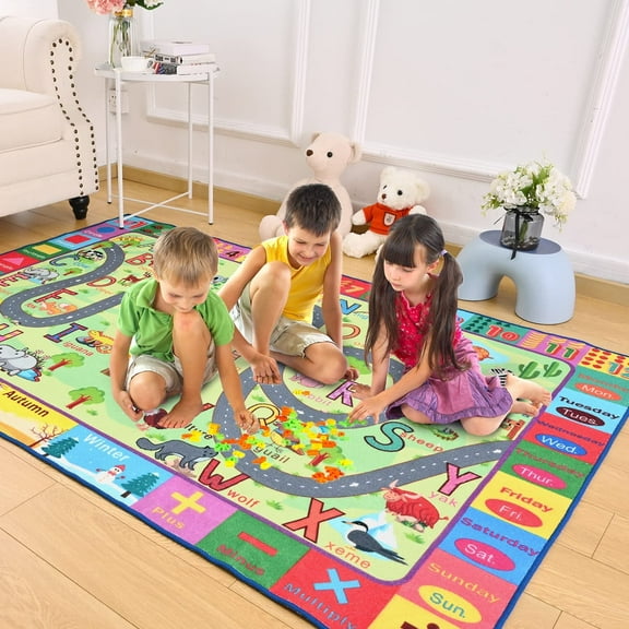 Junovo Kids Playmat Interactive Learning, 3' x 5', Soft Velvet Surface Non-Slip Green Area Rug