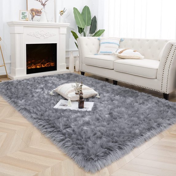 Junovo Luxury Fluffy Area Rugs Areary Rug for Bedroom Shaggy Rugs Area Carpet for Living Room Bedroom,4'x6',Gray