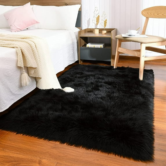 Junovo Luxury Fluffy Area Rugs Areary Rug for Bedroom Shaggy Rugs Area Carpet for Living Room Bedroom Room,2'x3',Black