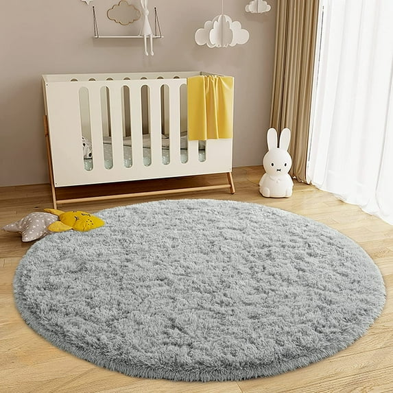 Junovo Luxury Round Fluffy Area Rugs for Bedroom Kids Girls Room Nursery,Super Soft Circle Rug,Cute Shaggy Carpet For Living Room,5'x5',Gray