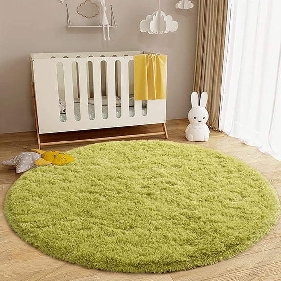 Junovo Luxury Round Fluffy Area Rugs for Bedroom Kids Girls Room Nursery,Super Soft Circle Rug,Cute Shaggy Carpet For Living Room,5'x5',Green