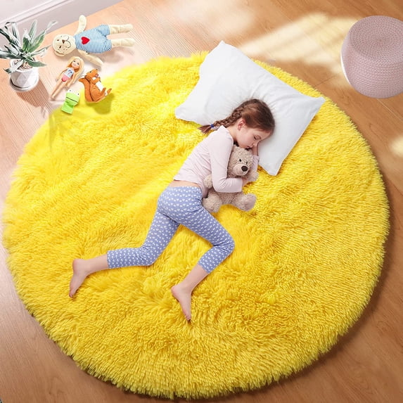 Junovo Luxury Round Fluffy Area Rugs for Bedroom Kids Girls Room Nursery,Super Soft Circle Rug,Cute Shaggy Carpet For Living Room,5'x5',Yellow