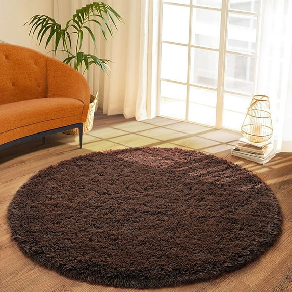 Junovo Luxury Round Fluffy Area Rugs for Bedroom Kids Girls Room Nursery,Super Soft Circle Rug,Cute Shaggy Carpet For Living Room,6'x6',Coffee
