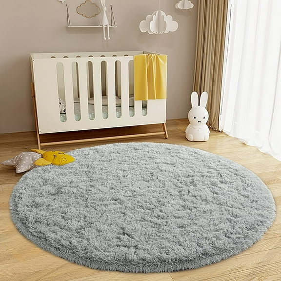 Junovo Luxury Round Fluffy Area Rugs for Bedroom Kids Girls Room Nursery,Super Soft Circle Rug,Cute Shaggy Carpet For Living Room,6'x6',Gray