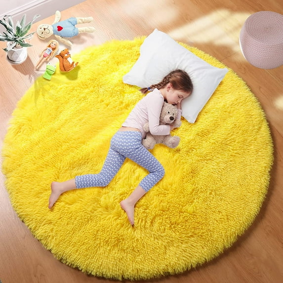 Junovo Luxury Round Fluffy Area Rugs for Bedroom Kids Girls Room Nursery,Super Soft Circle Rug,Cute Shaggy Carpet For Living Room,6'x6',Yellow