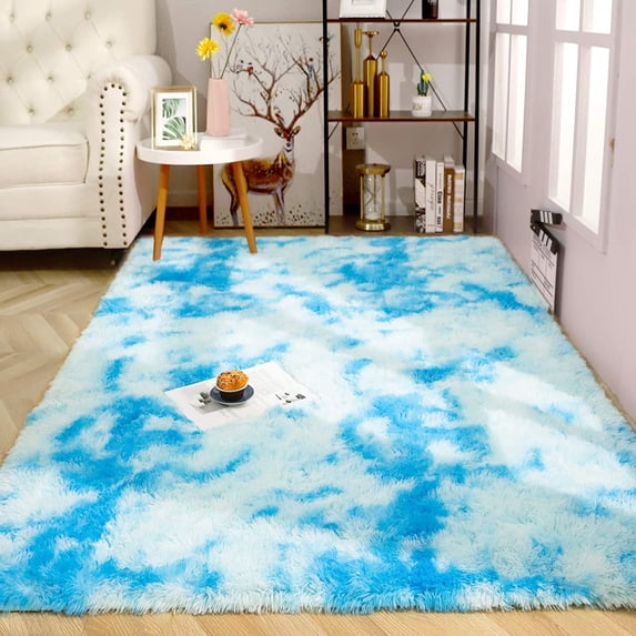 Junovo Luxury Velvet Shag Area Rug Modern Indoor Fluffy Rugs, Extra Comfy and Soft Carpet For Bedroom Living Room Kids Room,4'x6',Blue