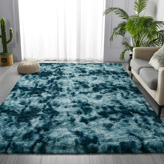 Junovo Luxury Velvet Shag Area Rug Modern Indoor Fluffy Rugs, Extra Comfy and Soft Carpet For Bedroom Living Room Kids Room,4'x6',Peacock Blue