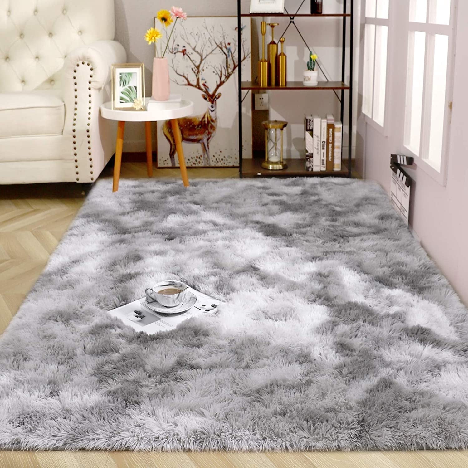 Junovo Luxury Velvet Shag Area Rug Modern Indoor Fluffy Rugs, Extra Comfy and Soft Carpet For Bedroom Living Room Kids Room,5'x8',Gray
