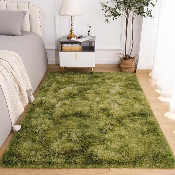 Junovo Luxury Velvet Shag Area Rug Modern Indoor Fluffy Rugs, Extra Comfy and Soft Carpet For Bedroom Living Room Kids Room,5'x8',Green