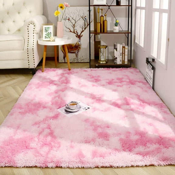 Junovo Luxury Velvet Shag Area Rug Modern Indoor Fluffy Rugs, Extra Comfy and Soft Carpet For Bedroom Living Room Kids Room,5'x8',Pink
