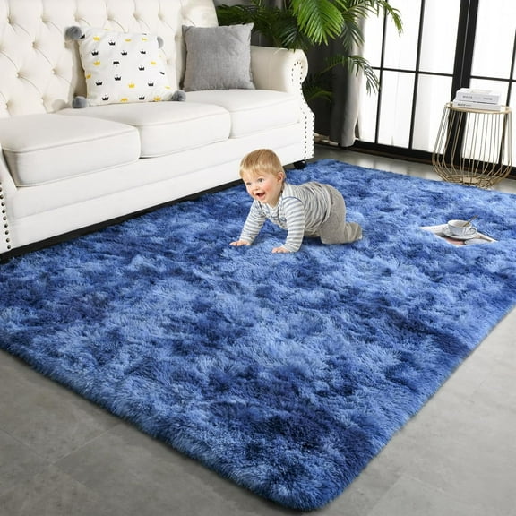 Junovo Luxury Velvet Shag Area Rug Modern Indoor Fluffy Rugs, Extra Comfy and Soft Carpet For Bedroom Living Room Kids Room,6'x9',Indigo