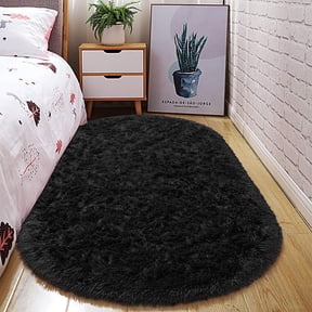 Junovo Oval Fluffy Area Rugs for Bedroom Plush Shaggy Carpet for Kids Room Bedside Nursery Mats, 2.6' x 5.3',Black