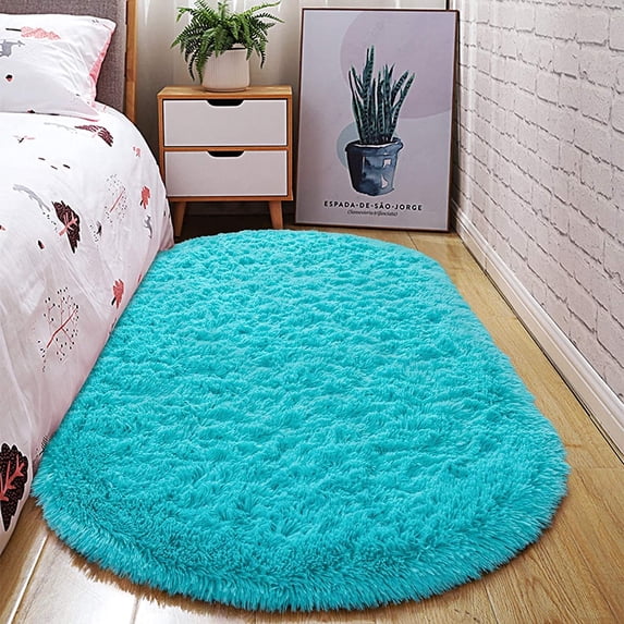 Junovo Oval Fluffy Area Rugs for Bedroom Plush Shaggy Carpet for Kids Room Bedside Nursery Mats, 2.6' x 5.3',Blue