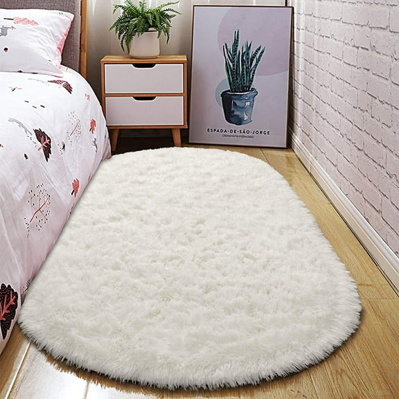 Junovo Oval Fluffy Area Rugs for Bedroom Plush Shaggy Carpet for Kids Room Bedside Nursery Mats, 2.6' x 5.3',Cream White