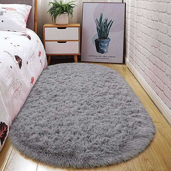 Junovo Oval Fluffy Area Rugs for Bedroom Plush Shaggy Carpet for Kids Room Bedside Nursery Mats, 2.6' x 5.3',Gray