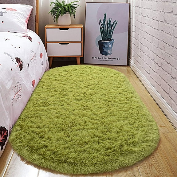 Junovo Oval Fluffy Area Rugs for Bedroom Plush Shaggy Carpet for Kids Room Bedside Nursery Mats, 2.6' x 5.3',Green