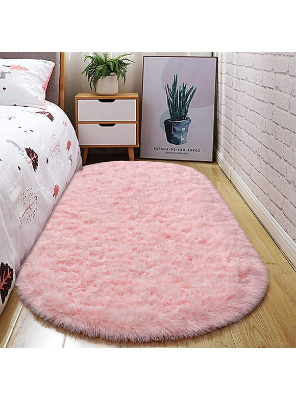 Junovo Oval Fluffy Area Rugs for Bedroom Plush Shaggy Carpet for Kids Room Bedside Nursery Mats, 2.6' x 5.3',Pink
