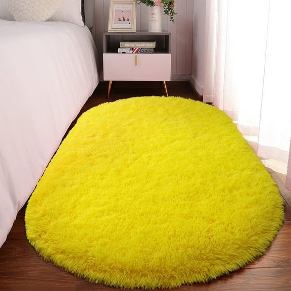Junovo Oval Fluffy Area Rugs for Bedroom Plush Shaggy Carpet for Kids Room Bedside Nursery Mats, 2.6' x 5.3',Yellow
