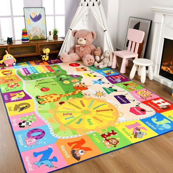 Junovo Playmat Area Rugs ABC Education Rug Non Slip Carpet for Children Bedroom, Toddler Classroom and Baby Playroom Mat,5’x7',Yellow