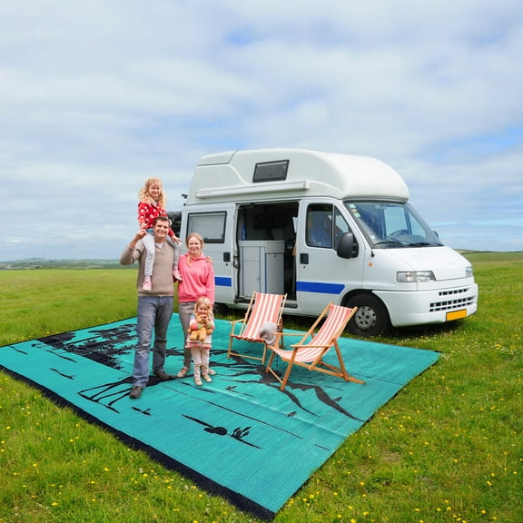 Junovo Reversible Outdoor Rug Large Area Rug Floor Mat for RV, Patio, Picnic, Camping, Black & White, 8' x 13'