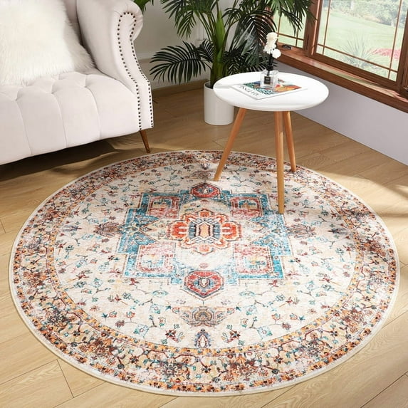 Junovo Round Boho Rug Vintage Area Rug Persian Carpet for Living Room.Bedroom,Orange,5'x5'