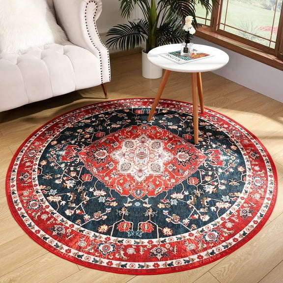 Junovo Round Boho Rug Vintage Area Rug Persian Carpet for Living Room.Bedroom,Red,4'x4'