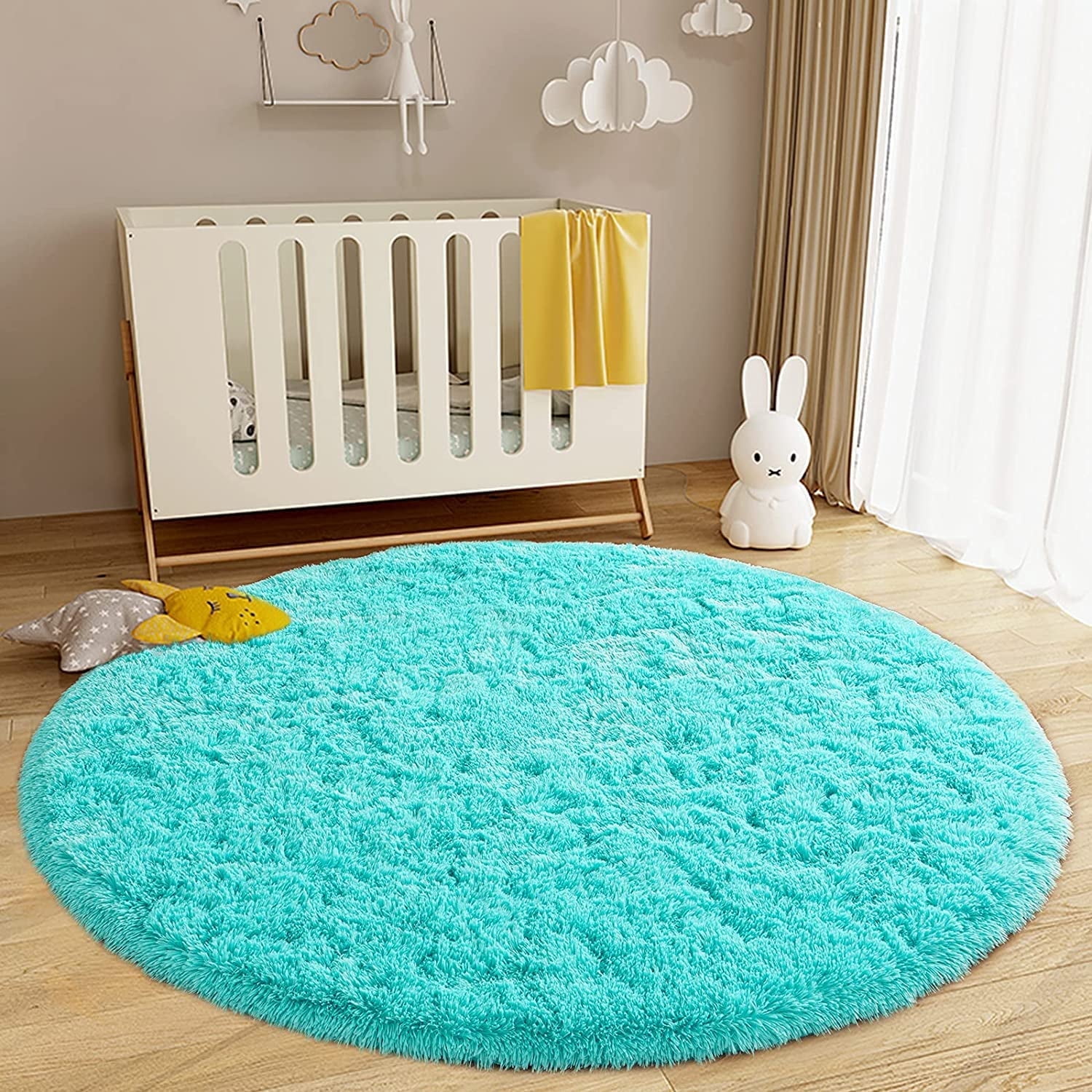 Junovo Round Fluffy Area Rugs For Kids Girls Princess Castle Plush Shaggy Carpet Cute Circle Nursery Rug For Kids Room Bedroom Living Room,4'x4',Blue