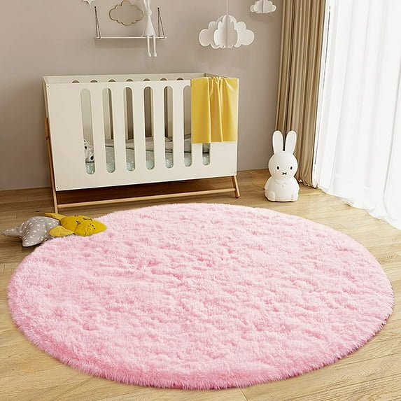 Junovo Round Fluffy Area Rugs For Kids Girls Princess Castle Plush Shaggy Carpet Cute Circle Nursery Rug For Kids Room Bedroom Living Room,4'x4',Pink