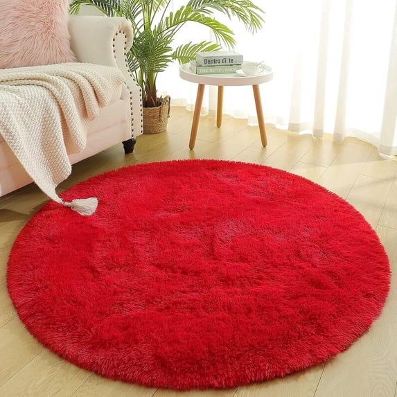 Junovo Round Fluffy Area Rugs For Kids Girls Princess Castle Plush Shaggy Carpet Cute Circle Nursery Rug For Kids Room Bedroom Living Room,4'x4',Red