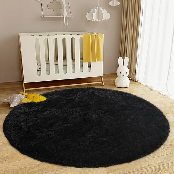 Junovo Round Fluffy Area Rugs For Kids Girls Princess Castle Plush Shaggy Carpet Cute Circle Nursery Rug For Kids Room Bedroom Living Room,4'x4',Black