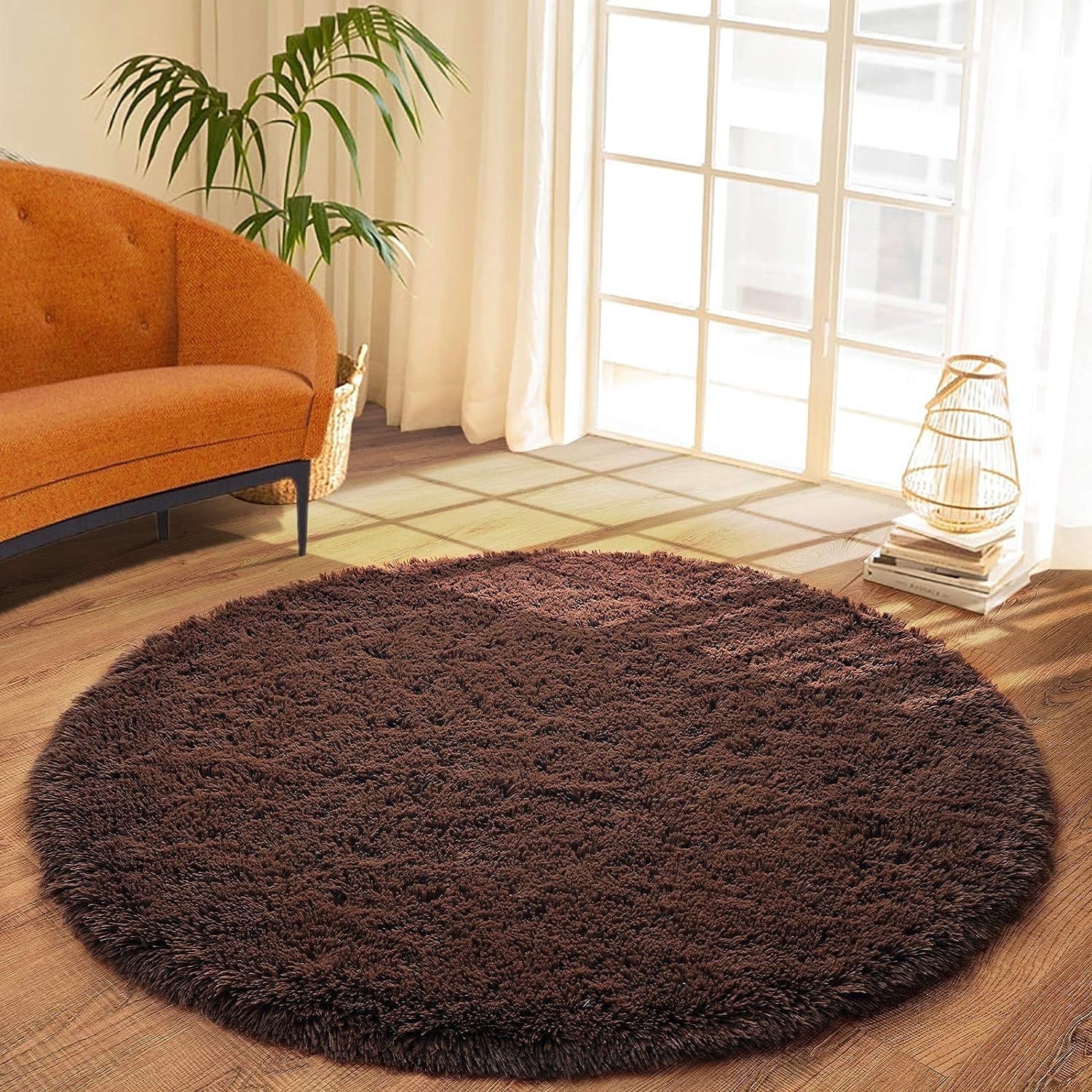 Junovo Round Fluffy Area Rugs For Kids Girls Princess Castle Plush Shaggy Carpet Cute Circle Nursery Rug For Kids Room Bedroom Living Room,4'x4',Coffee