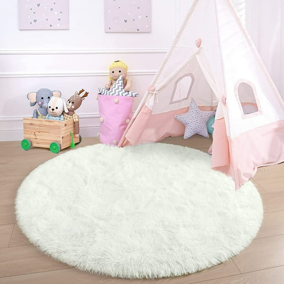Junovo Round Fluffy Area Rugs For Kids Girls Princess Castle Plush Shaggy Carpet Cute Circle Nursery Rug For Kids Room Bedroom Living Room,4'x4',Cream White