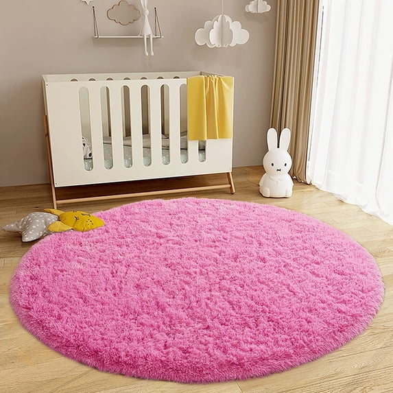 Junovo Round Fluffy Area Rugs For Kids Girls Princess Castle Plush Shaggy Carpet Cute Circle Nursery Rug For Kids Room Bedroom Living Room,4'x4',Hot Pink