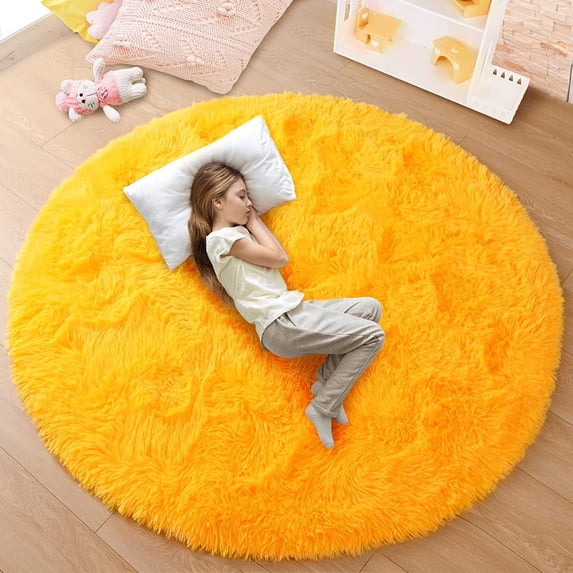 Junovo Round Fluffy Area Rugs For Kids Girls Princess Castle Plush Shaggy Carpet Cute Circle Nursery Rug For Kids Room Bedroom Living Room,4'x4',Orange