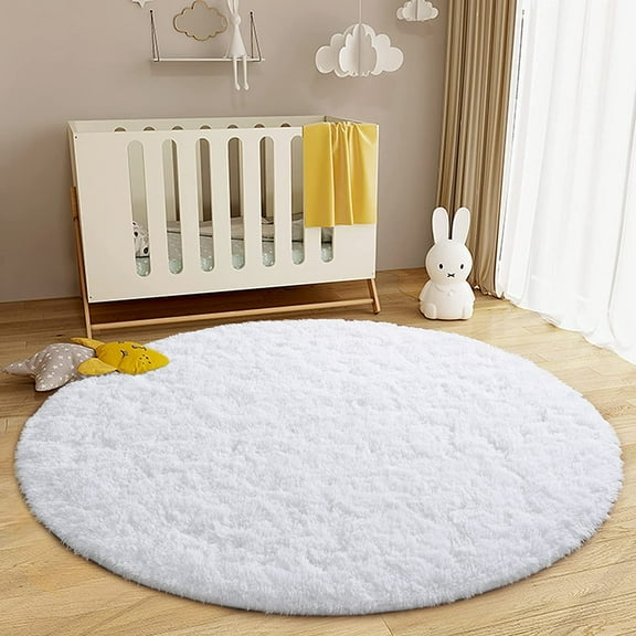 Junovo Round Fluffy Area Rugs For Kids Girls Princess Castle Plush Shaggy Carpet Cute Circle Nursery Rug For Kids Room Bedroom Living Room,4'x4',White