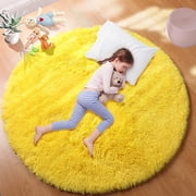 Junovo Round Fluffy Area Rugs For Kids Girls Princess Castle Plush Shaggy Carpet Cute Circle Nursery Rug For Kids Room Bedroom Living Room,4x4,Yellow