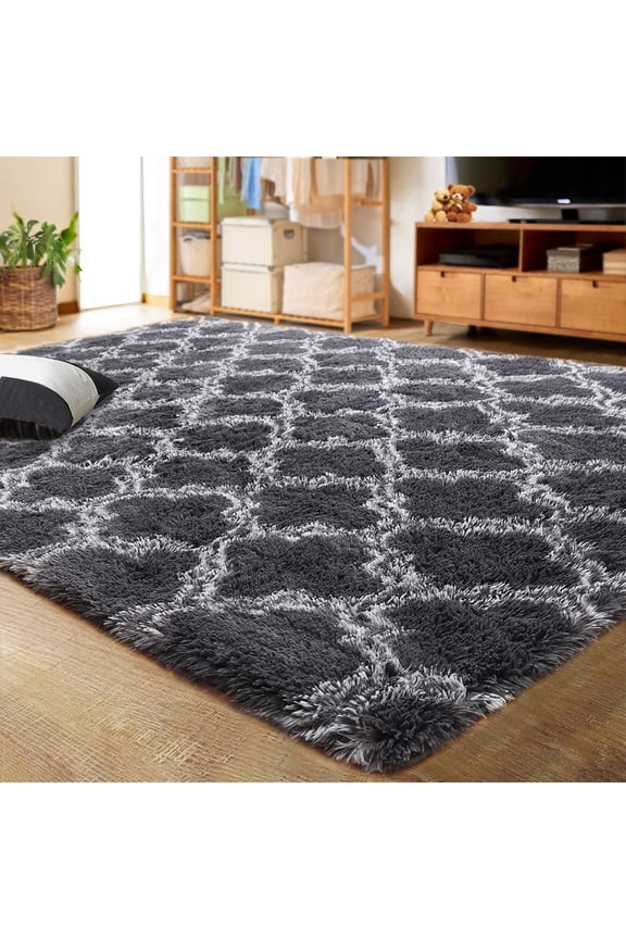 Shaggy Soft Rugs Bedroom Living Room Flully Carpet Home Decor Rug,5'x8',Dark Gray/White
