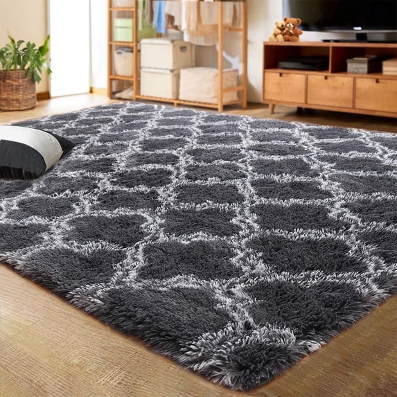 Junovo Shaggy Soft Rugs Bedroom Living Room Flully Carpet Home Decor Rug,6'x9',Dark Gray/White