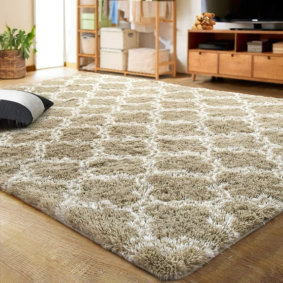 Junovo Shaggy Soft Rugs Bedroom Living Room Flully Carpet Home Decor Rug,6'x9',Tan/White