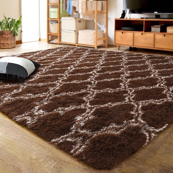 Junovo Shaggy Soft Rugs Bedroom Living Room Flully Carpet Home Decor Rug,8'x10',Brown/Beige