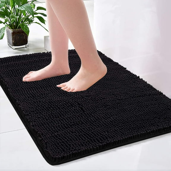 Junovo Soft Luxury Chenille Bathroom Mats, Non-Slip and Absorbent Throw Rugs for Bath Tub, Plush Microfiber Shower Rug,24"x36",Black