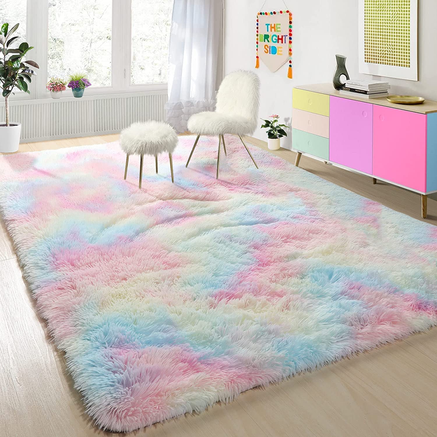 Junovo Soft Rainbow Area Rugs for Girls Room, Fluffy Colorful Rugs Cute Floor Carpets Shaggy Playing Mat for Kids Baby Girls Bedroom Nursery Room, 4'x6',Rainbow - image 1 of 8