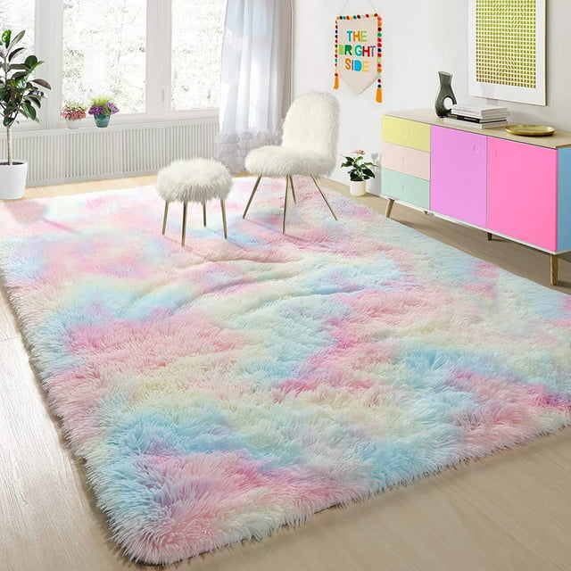 Junovo Soft Rainbow Area Rugs for Girls Room, Fluffy Colorful Rugs Cute Floor Carpets Shaggy Playing Mat for Kids Baby Girls Bedroom Nursery Room, 4'x6',Rainbow