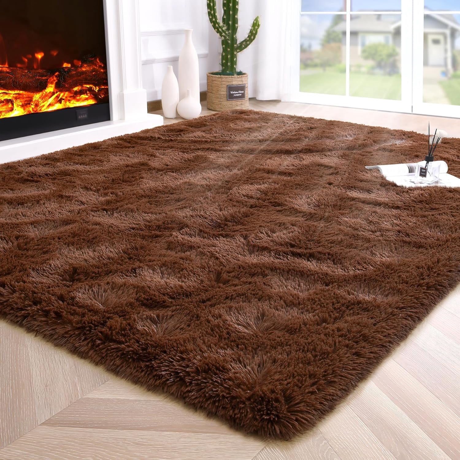Junovo Super Soft Fluffy Area Rugs Modern Shag Rug for Bedroom Living Room,Cute Carpets for Kids Nursery Girls Home Dorm,6'x9',Brown
