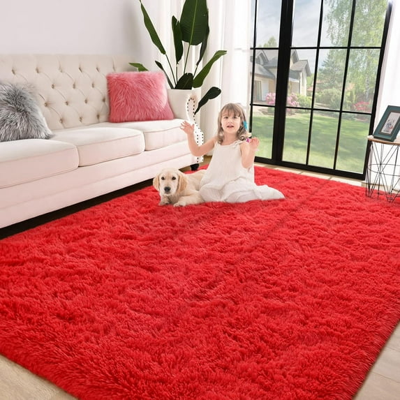 Junovo Super Soft Fluffy Area Rugs Modern Shag Rug for Bedroom Living Room,Cute Carpets for Kids Nursery Girls Home Dorm,8'x10',Red