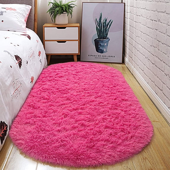 Junovo Ultra Soft Fluffy Bedroom Rugs Kids Room Carpet Oval Modern Shaggy Area Rugs 2.6' X 5.3',Hot Pink