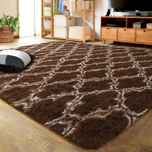 Junovo Ultra Soft Soft Area Rugs Fluffy Modern Geometric Rugs,Shaggy Floor Carpets For Living Room Bedroom Nursery Room 5'x8',Brown/Beige