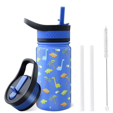 Junovo Vacuum Stainless Steel Water Bottle for Kids,Insulated Water Bottle with 2 Lids,14oz ,Dinosaur Pattern